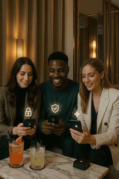Exclusive hotel privacy lounge featuring three stylish friends sharing phones over a marble console while neon lock and shield icons reflect off mirrored panels to emphasize secure messaging.