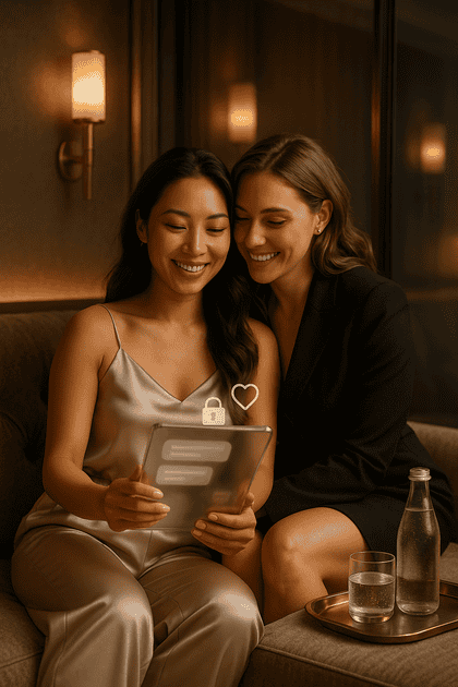 High-end privacy booth with two elegant women lounging on a velvet chaise, laughing together while an encrypted chat glows on a glass tablet and translucent lock + heart icons arc overhead.