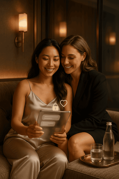 High-end privacy booth with two elegant women lounging on a velvet chaise, laughing together while an encrypted chat glows on a glass tablet and translucent lock + heart icons arc overhead.