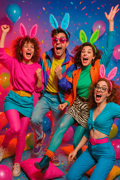 High-energy portrait of friends in colorful retro outfits with bunny-ear headbands mid-jump on a confetti-packed neon studio set.