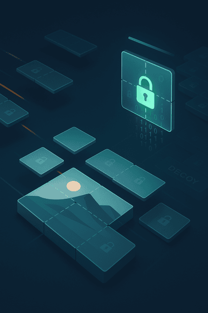 Isometric encryption scene with a digital photo sliced into floating tiles, a glowing slice mid-decryption, and dimmed decoy slices marked by subtle overlays.