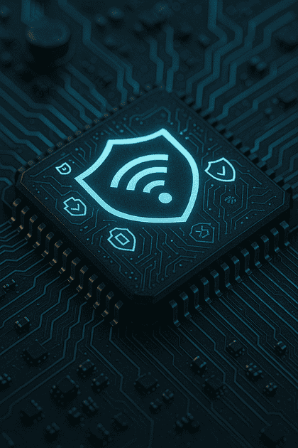 Artistic close-up of a futuristic encryption microchip with glowing cyan circuitry and engraved icons—a lock, Wi-Fi signal, shield, and waveform—etched into its metallic surface. The board around it features intricate glowing traces and microcomponents under cinematic cyan and magenta light, emphasizing security and advanced hardware design.