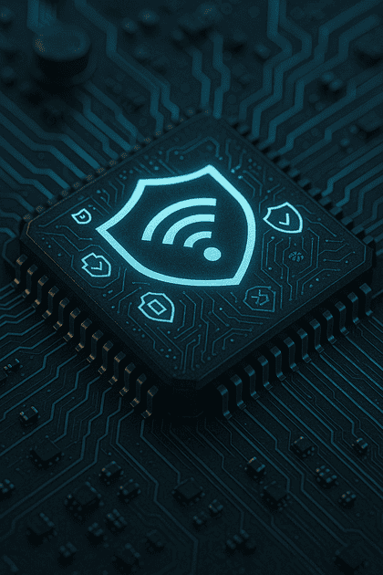 Artistic close-up of a futuristic encryption microchip with glowing cyan circuitry and engraved icons—a lock, Wi-Fi signal, shield, and waveform—etched into its metallic surface. The board around it features intricate glowing traces and microcomponents under cinematic cyan and magenta light, emphasizing security and advanced hardware design.