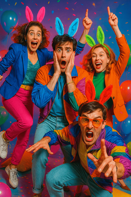 Editorial portrait of retro party friends with bunny-ear headbands tossing pillows through neon confetti and balloons.