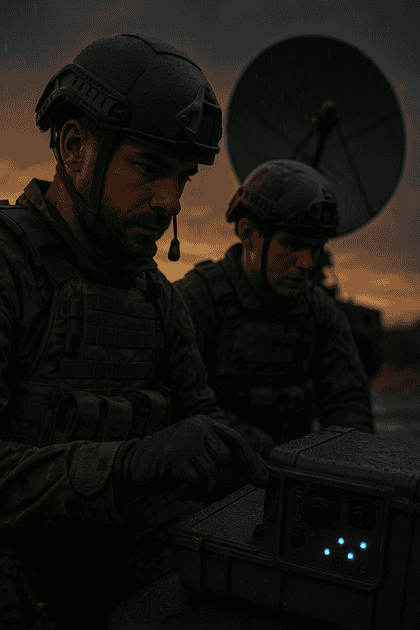 Landscape-friendly view inside a field command center where a diverse team studies a holographic satellite map under low tactical lighting and encrypted UI projections.
